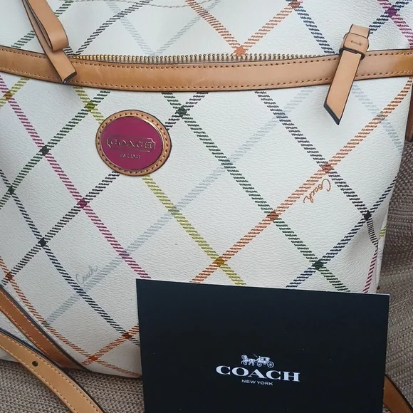 Coach Multi Color Plaid Tattersall Larger Crossbody Bag with Tan Leather Accents - Picture 3 of 17